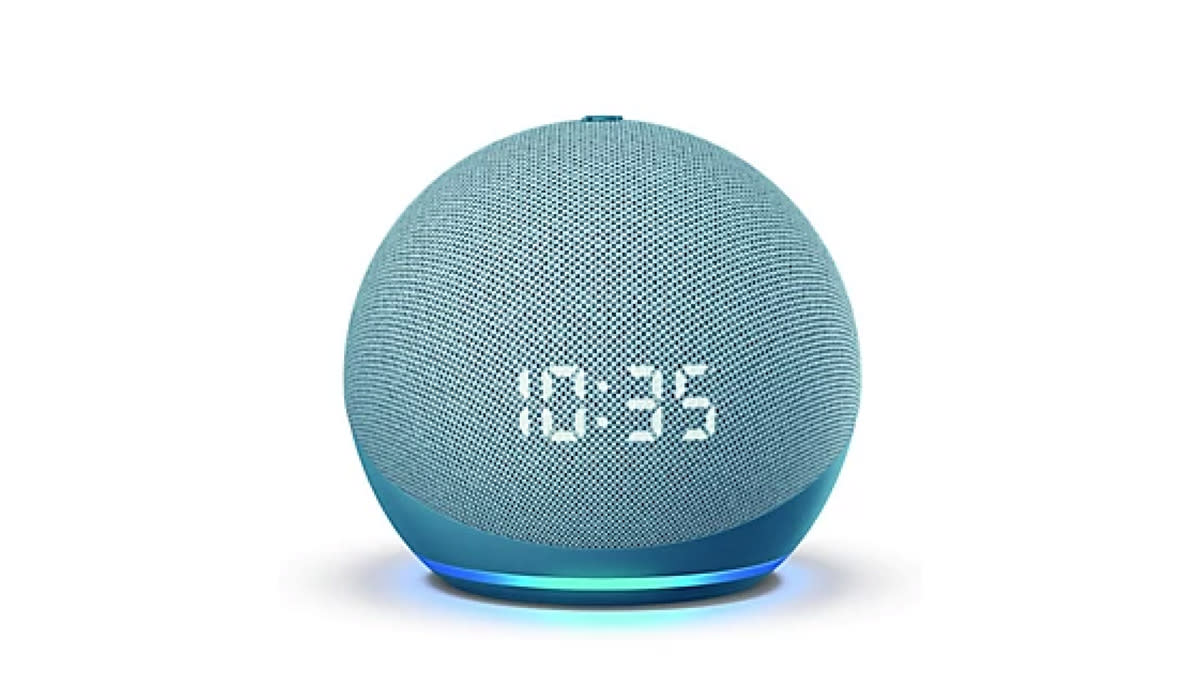 Blue Amazon Echo Dot showing a time of 10:35