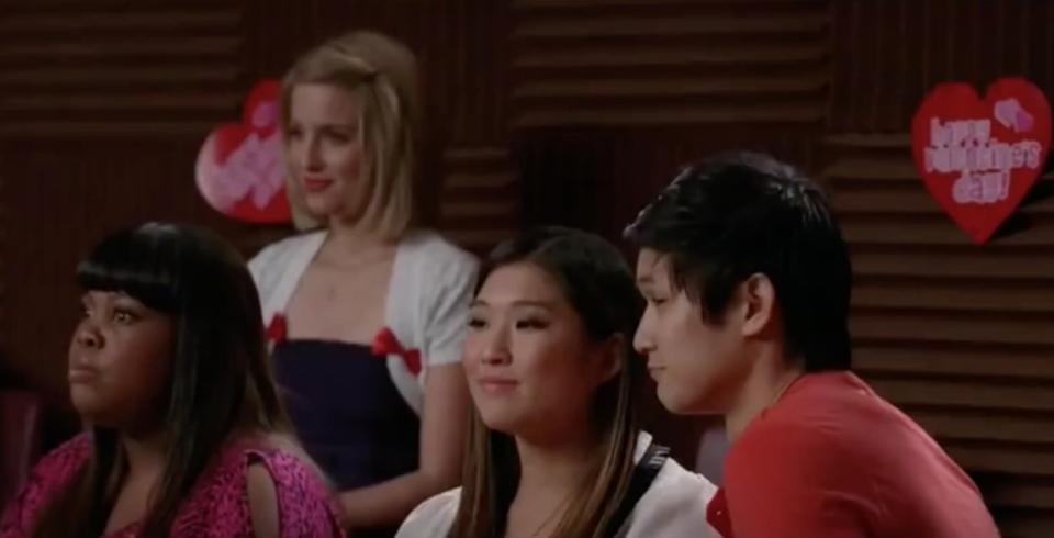 Mercedes, Quinn, Tina and Mike sitting in the choir room