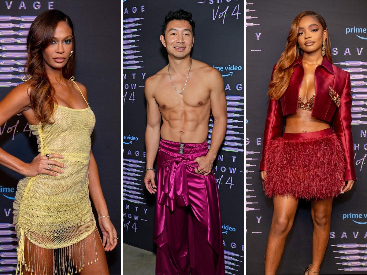 A side-by-side of Joan Smalls, Simu Liu, and Marsai Martin at the 2022 Savage x Fenty Step & Repeat.