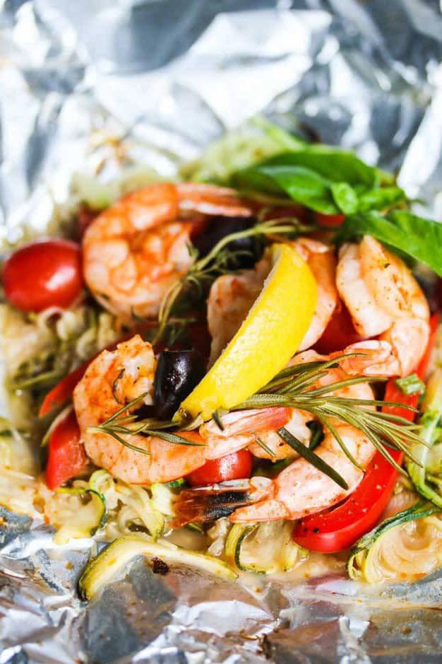 Grilled Mediterranean Shrimp with Zucchini Noodles Foil Packs