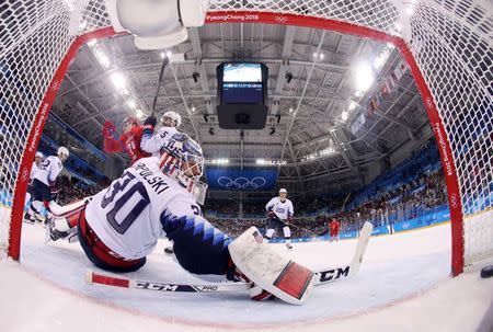 Ice Hockey - Pyeongchang 2018 Winter Olympics - Men's Preliminary Round Match - Olympic Athletes from Russia v U.S. - Gangneung Hockey Centre, Gangneung, South Korea - February 17, 2018 - Olympic Athlete from Russia Nikolai Prokhorkin scores a goal. REUTERS/Bruce Bennett/Pool