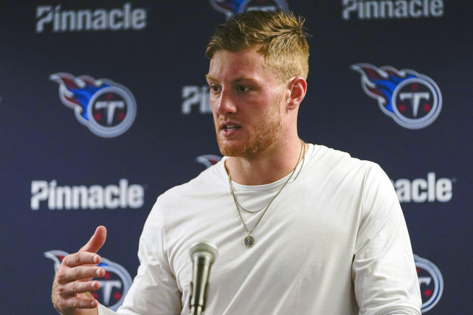 Tennessee Titans quarterback Will Levis speaks during a press conference after after an NFL preseason game against the Chicago Bears Saturday, Aug. 12, 2023, in Chicago. The Bears won 23-17. (AP Photo Erin Hooley)