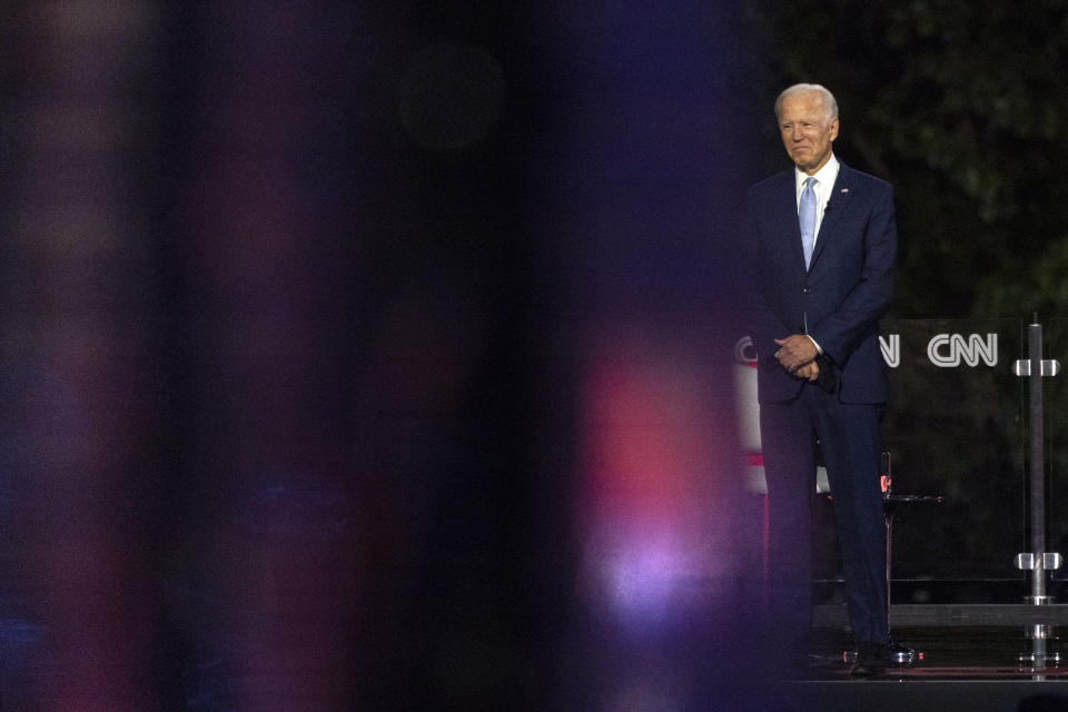 Democratic presidential candidate former Vice President Joe Biden pauses on stage during a CNN town hall in Moosic, Pa., Thursday, Sept. 17, 2020. (AP Photo/Carolyn Kaster)