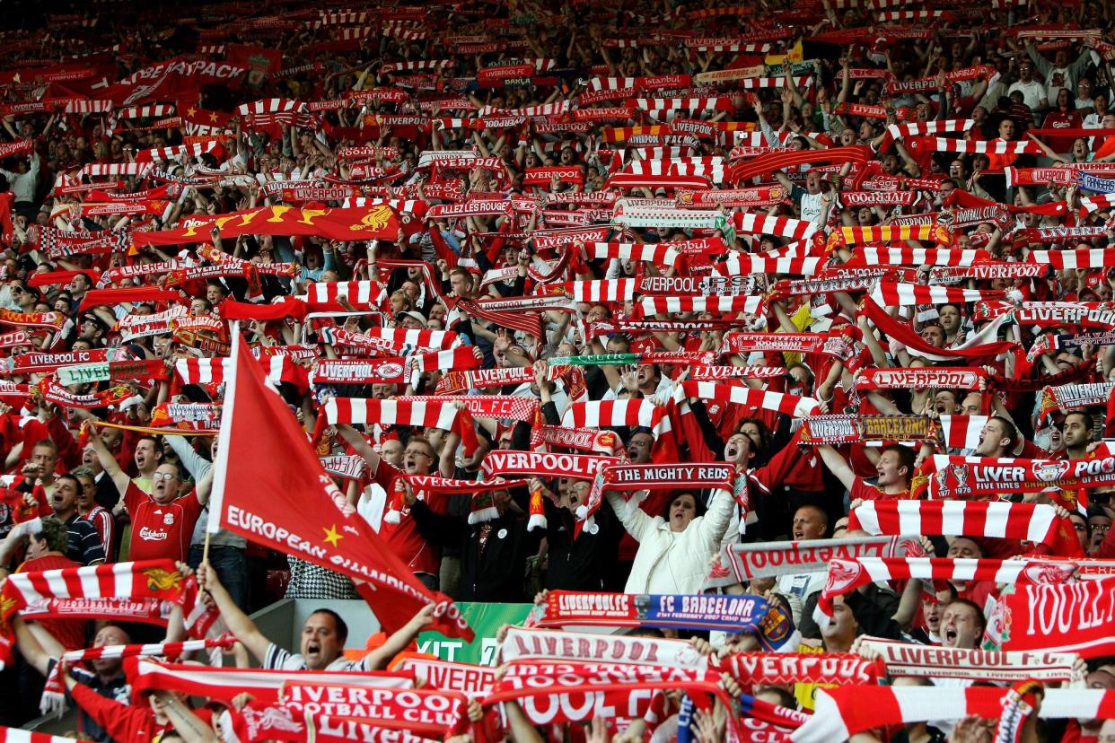 Liverpool fans in the KOP End cheer prior to the UEFA Champions League semi final second leg match between Liverpool and Chelsea at Anfield.