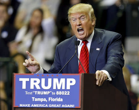 U.S. Republican presidential candidate Donald Trump speaks during a campaign stop in Tampa, Florida February 12, 2016. REUTERS/Mike Carlson/File Photo