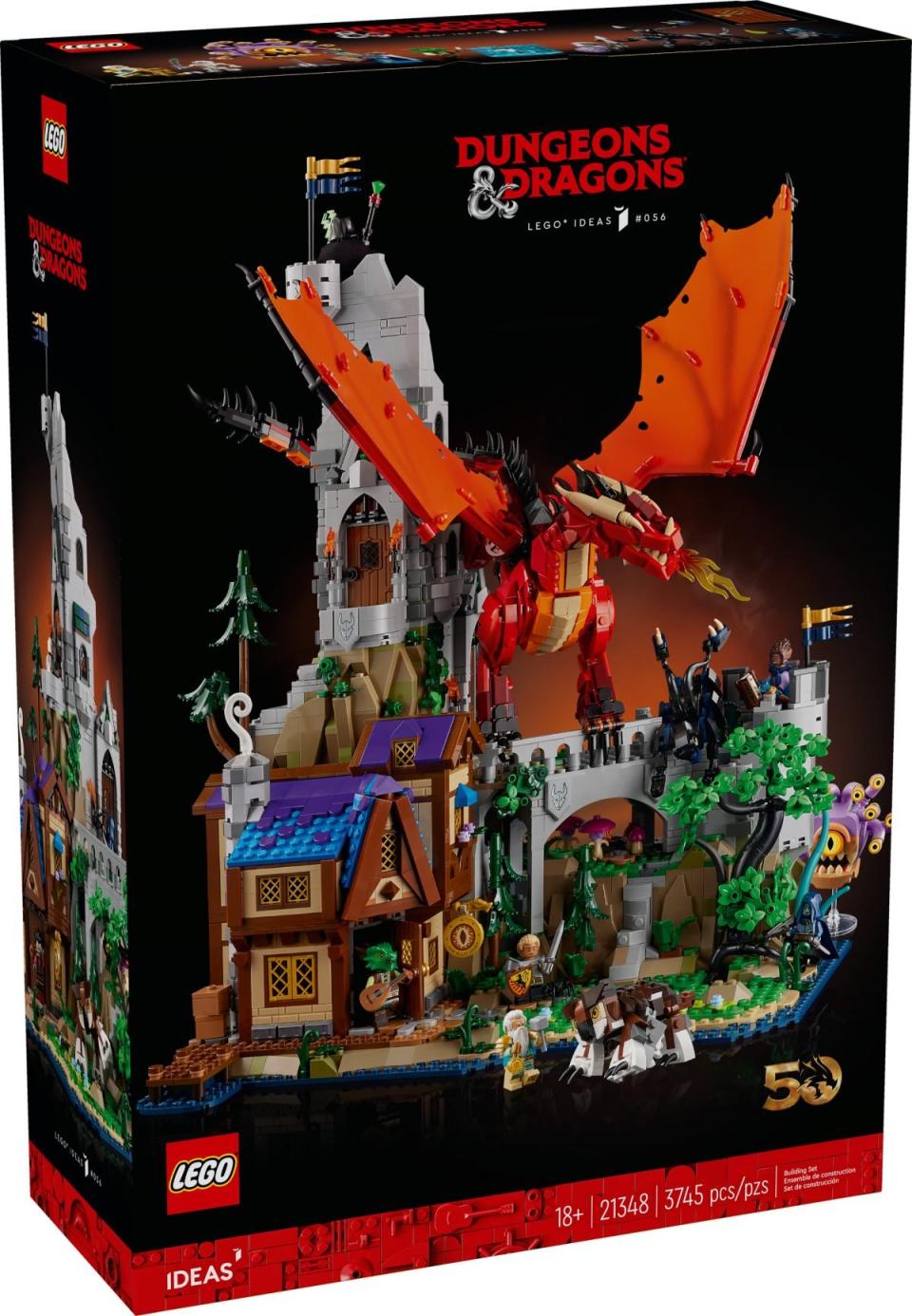 A LEGO red dragon threatens a LEGO town on the front of the box of the new LEGO Dungeons & Dragons set