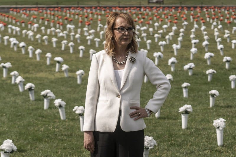 Former Rep. Gabby Giffords poses at the Gun Violence Memorial on the National Mall in Washington, D.C., on June 7, 2022. The gun control activist turns 54 on June 8. File Photo by Ken Cedeno/UPI