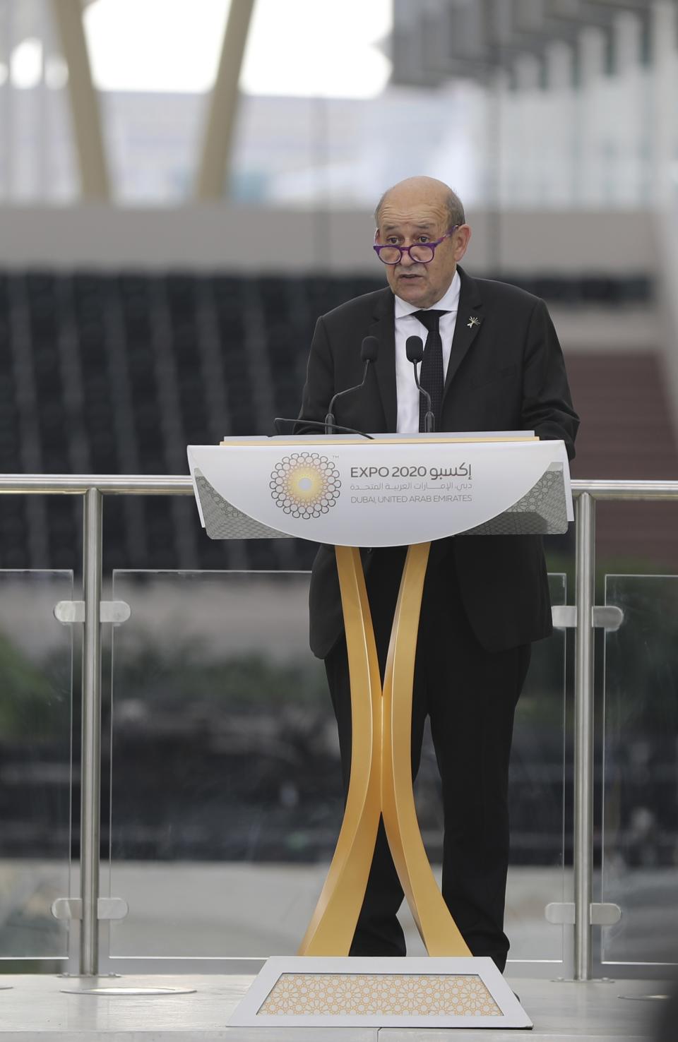 French Foreign Affairs Minister Jean-Yves Le Drian, talks during an official ceremony at Al Wasl Plaza of the Dubai Expo 2020 in Dubai, United Arab Emirates, Saturday, Oct, 2. 2021. (AP Photo/Kamran Jebreili)
