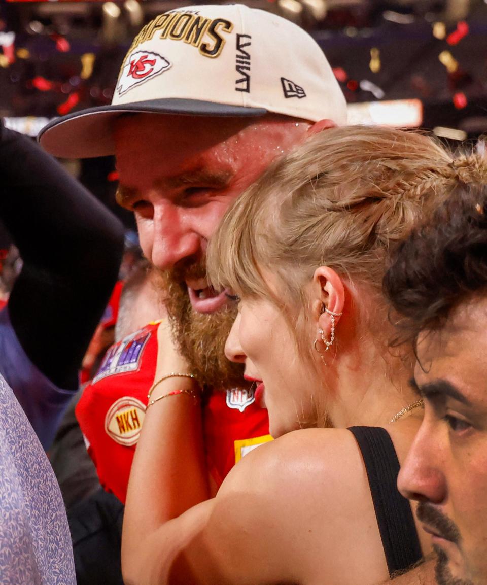 Travis Kelce and Taylor Swift celebrate Super Bowl victory