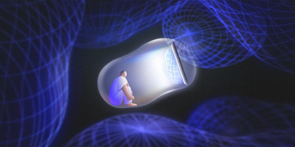 An illustration of a person surrounded by darkness and trapped in a bubble, looking at a screen where a wireframe face emerges, staring back.