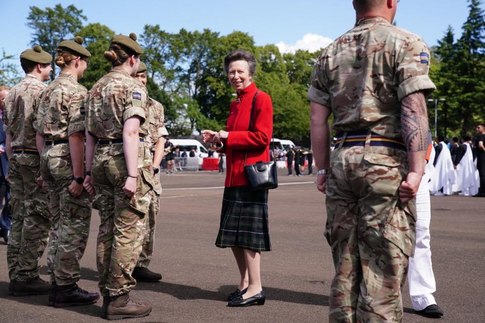 Anne meets officer training cadets before the start of the rehearsals (Jane Barlow/PA) (PA Wire)