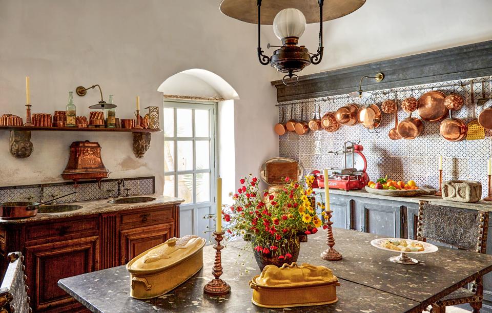 In the kitchen, ceramic tiles from Noto cover the backsplash. 18th- and 19th-century terrines.