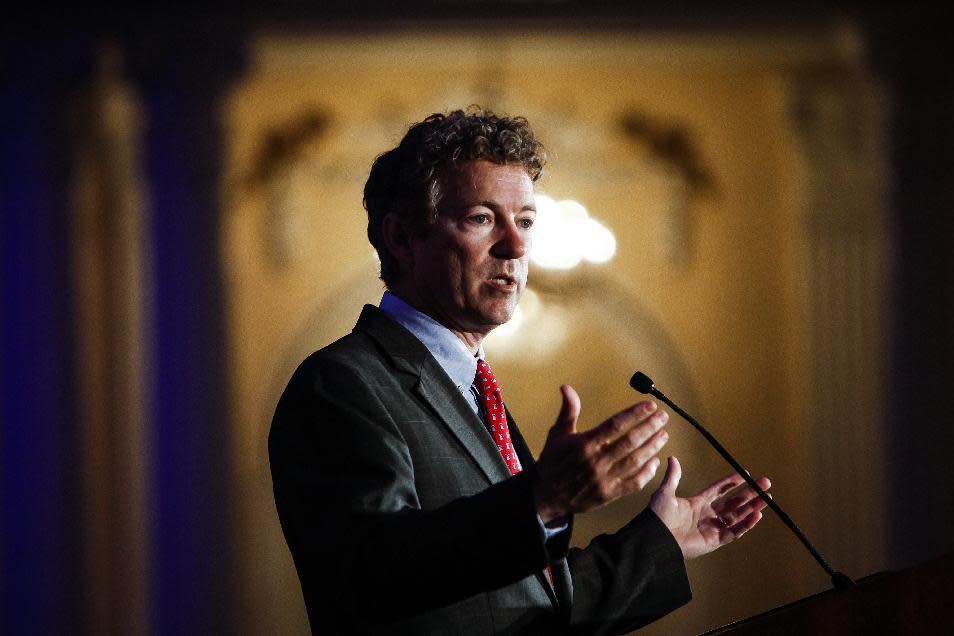 Kentucky Senator Rand Paul address attendees during the Republican National Committee spring meeting at the Peabody hotel in Memphis, Tenn., on Friday, May 9, 2014. Paul urged members to rethink policies on national security and drug prosecutions (AP Photo/The Commercial Appeal, William DeShazer)