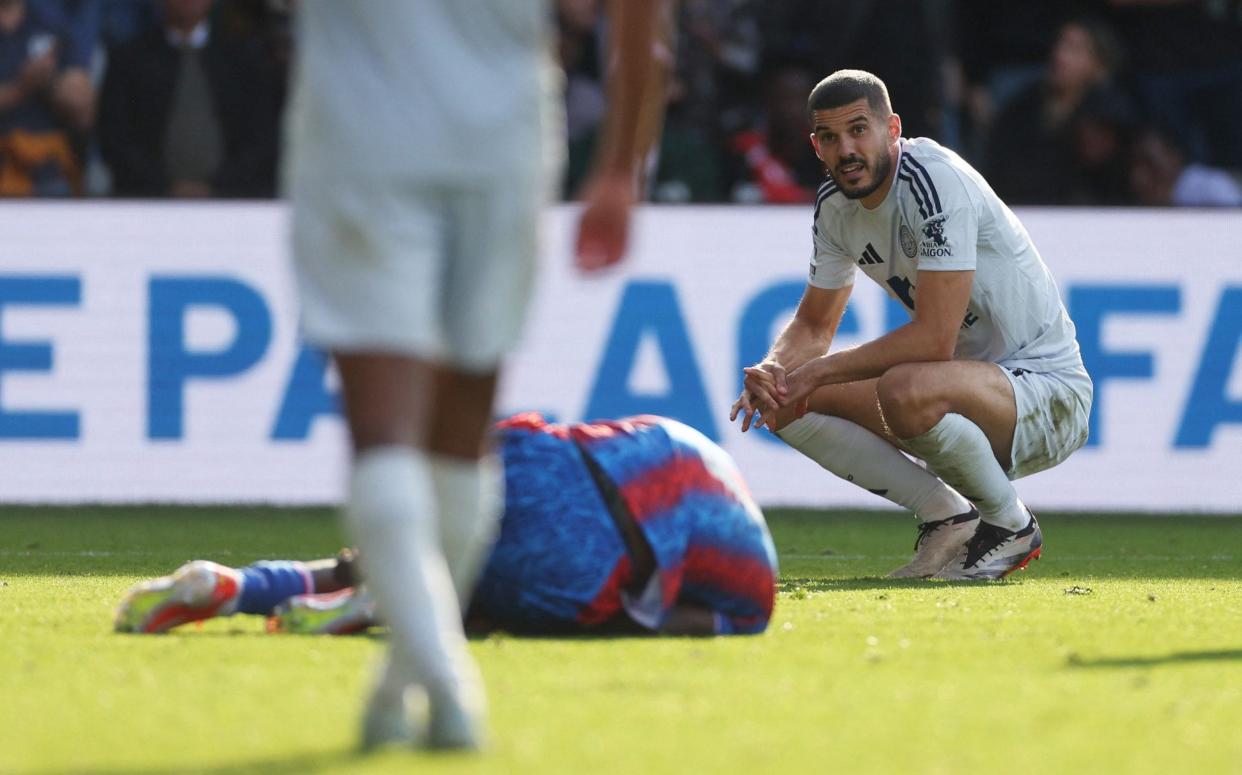 Leicester's Conor Coady reacts as Crystal Palace are awarded a penalty for his foul on Ismaila Sarr