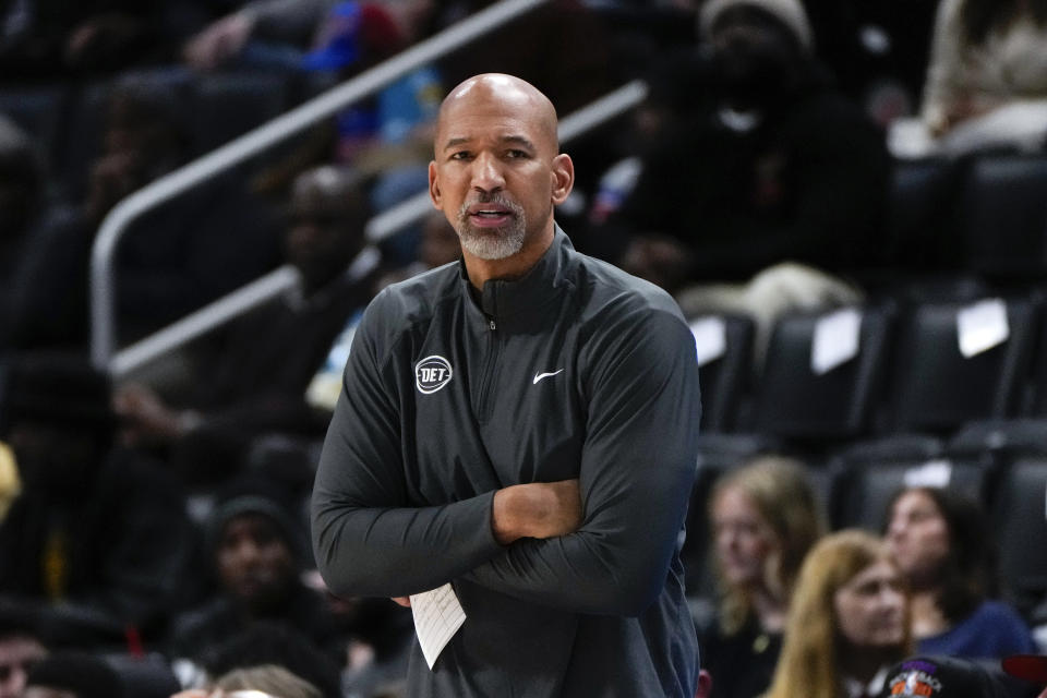 Detroit Pistons head coach Monty Williams watches against the Los Angeles Clippers in the first half of an NBA basketball game in Detroit, Friday, Feb. 2, 2024. (AP Photo/Paul Sancya)