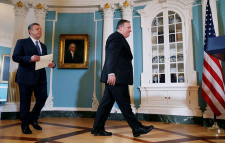 U.S. Secretary of State Mike Pompeo meets with Georgia's Prime Minister Giorgi Kvirikashvili and delivers remarks at their Georgia Strategic Partnership meeting at the State Department in Washington, U.S., May 21, 2018. REUTERS/Leah Millis