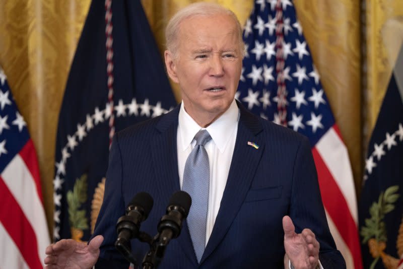 President Joe Biden delivers remarks during the National Governors Association Winter Meeting in the East Room of the White House on Friday. Biden and former President Donald Trump moved one step closer to a November rematch after winning the Michigan primaries on Tuesday. Photo by Leigh Vogel/UPI