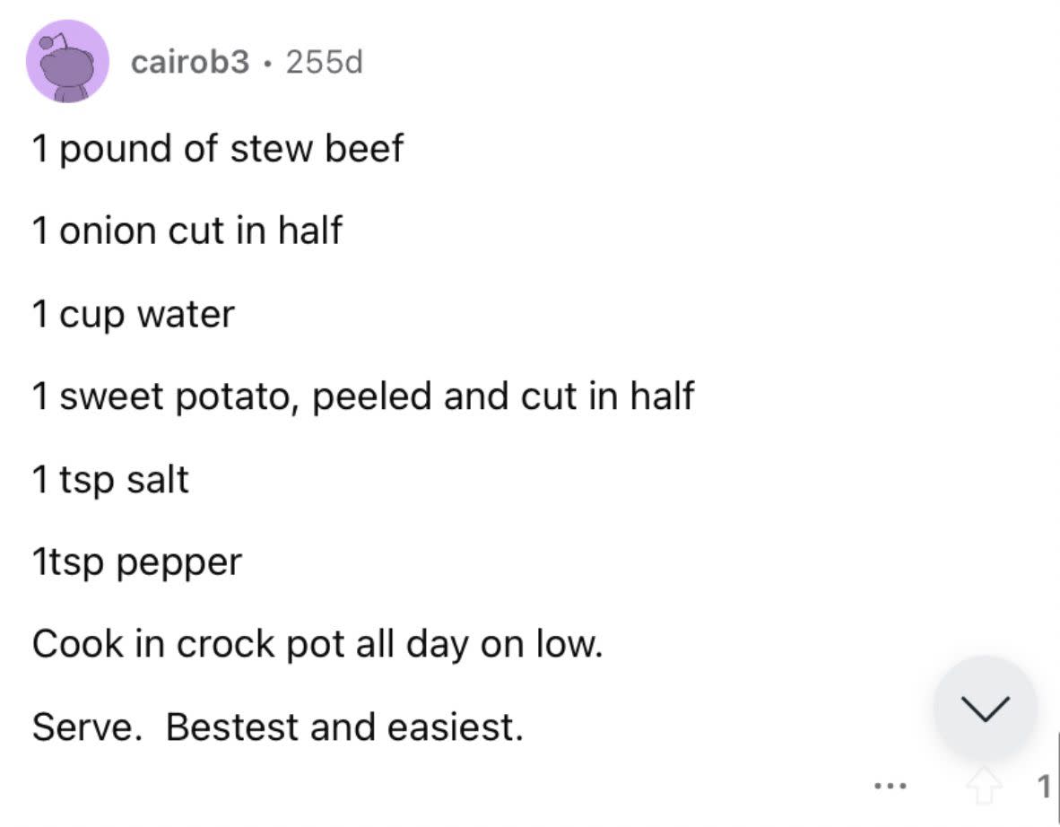 Reddit screenshot about a cheap and easy homemade beef stew.