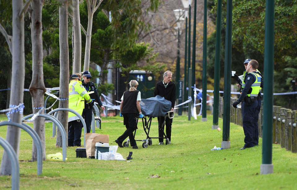 The body was discovered on a soccer field in Carlton North. Source: 7 News