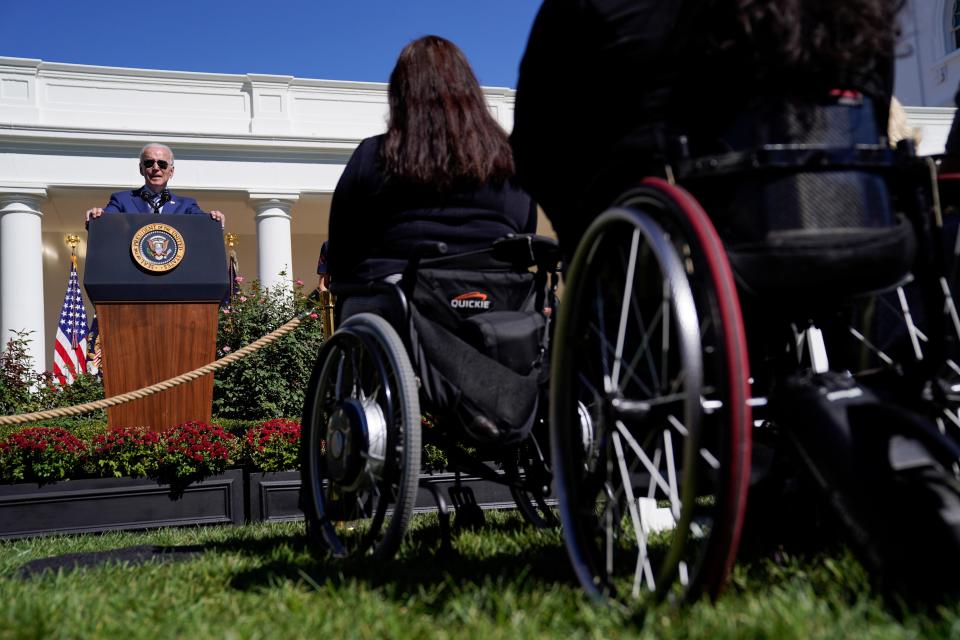 President Joe Biden speaks during a celebration of the Americans with Disabilities Act, and to mark Disability Pride Month, in the Rose Garden of the White House, Sept. 28, 2022.