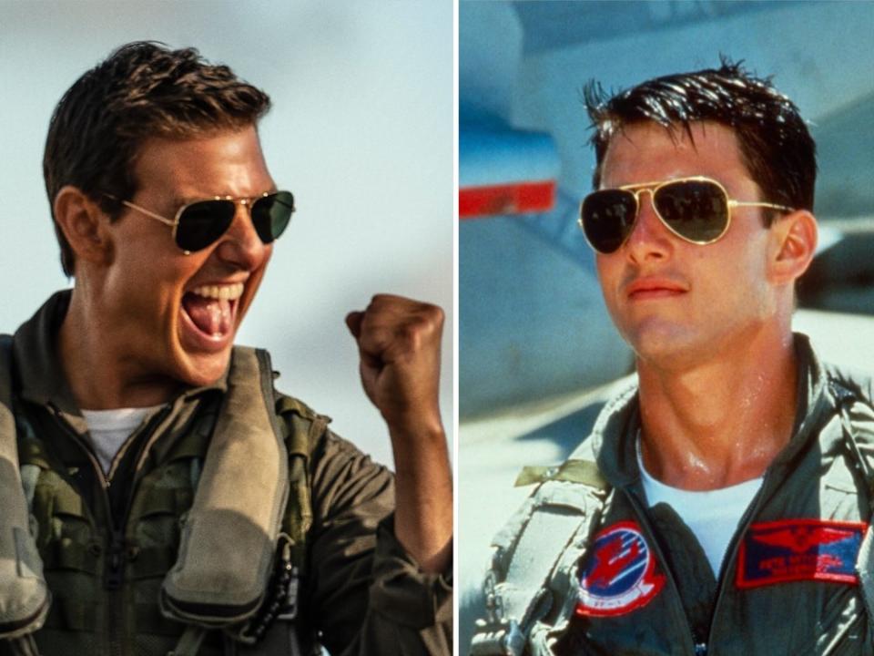 Zwischen diesen beiden Bildern liegen über 35 Jahre: Tom Cruise in "Top Gun" (r.) und dessen Nachfolger "Top Gun: Maverick". (Bild: imago images/Everett Collection / © 2022 Paramount Pictures Corporation. All rights reserved.)