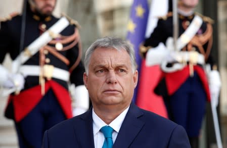 French President Emmanuel Macron meets with Hungarian Prime Minister Viktor Orban at the Elysee Palace in Paris