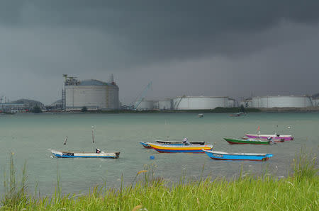 FILE PHOTO: Boats float in front of the VOPAK oil storage terminal in Johor, Malaysia November 7, 2017. REUTERS/Henning Gloystein/File Photo