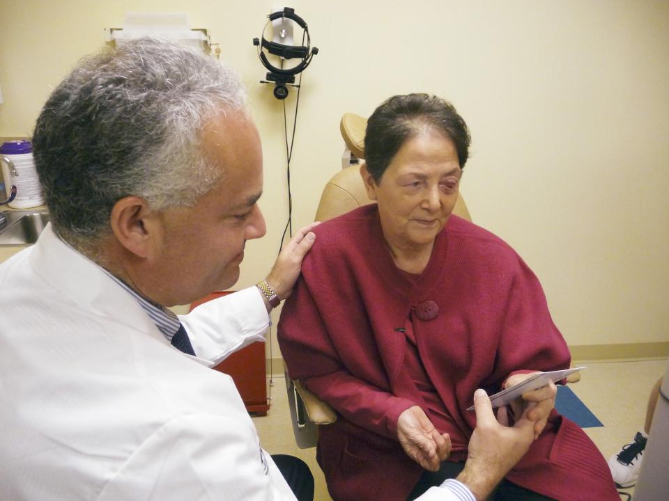 NBC NEWS -- Blind Woman Regain Sight -- Pictured: (l-r) Dr. Victor Perez with 60-year-old Sharron 'Kay' Thornton who has regained useful vision following the first such operation in the US in which surgeons removed one of her teeth, drilled a hole in it, inserted a lens into the hole and implanted the tooth-lens combination into her eye -- Photo by: Kerry Sanders/NBC NewsWire