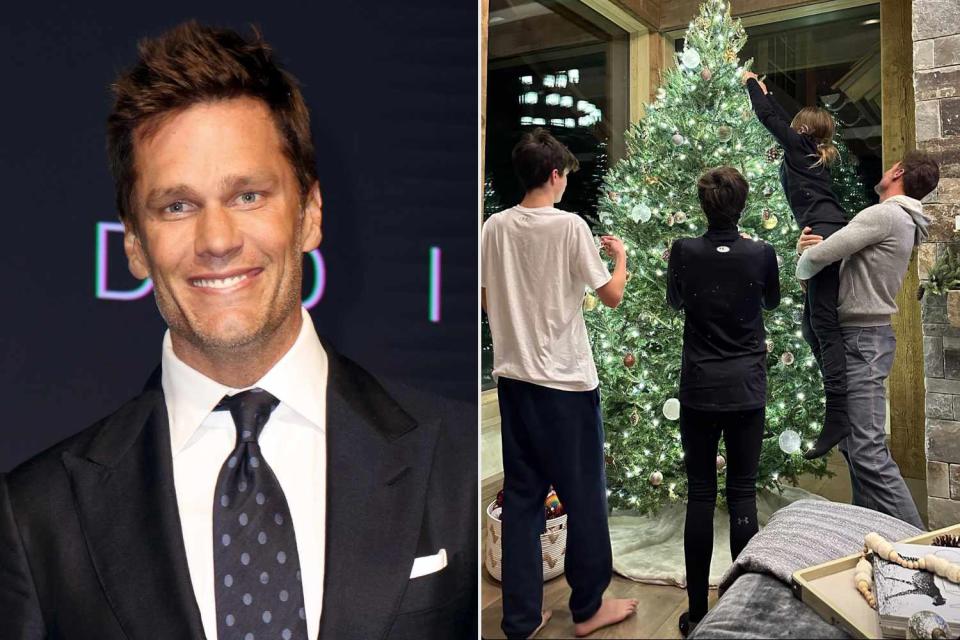 <p>Alexander Tamargo/Getty; Tom Brady/Instagram</p> Tom Brady decorated tree with sons Jack and Benjamin and daughter Vivian