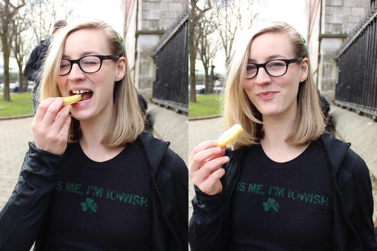 2015 Elle enjoying a post-parade fish and chips in a park. Parades are nice. Chips are better.