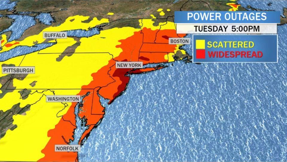Map showing predicted power outages along the Mid-Atlantic and Northeast as a result of Isaias. / Credit: CBS News