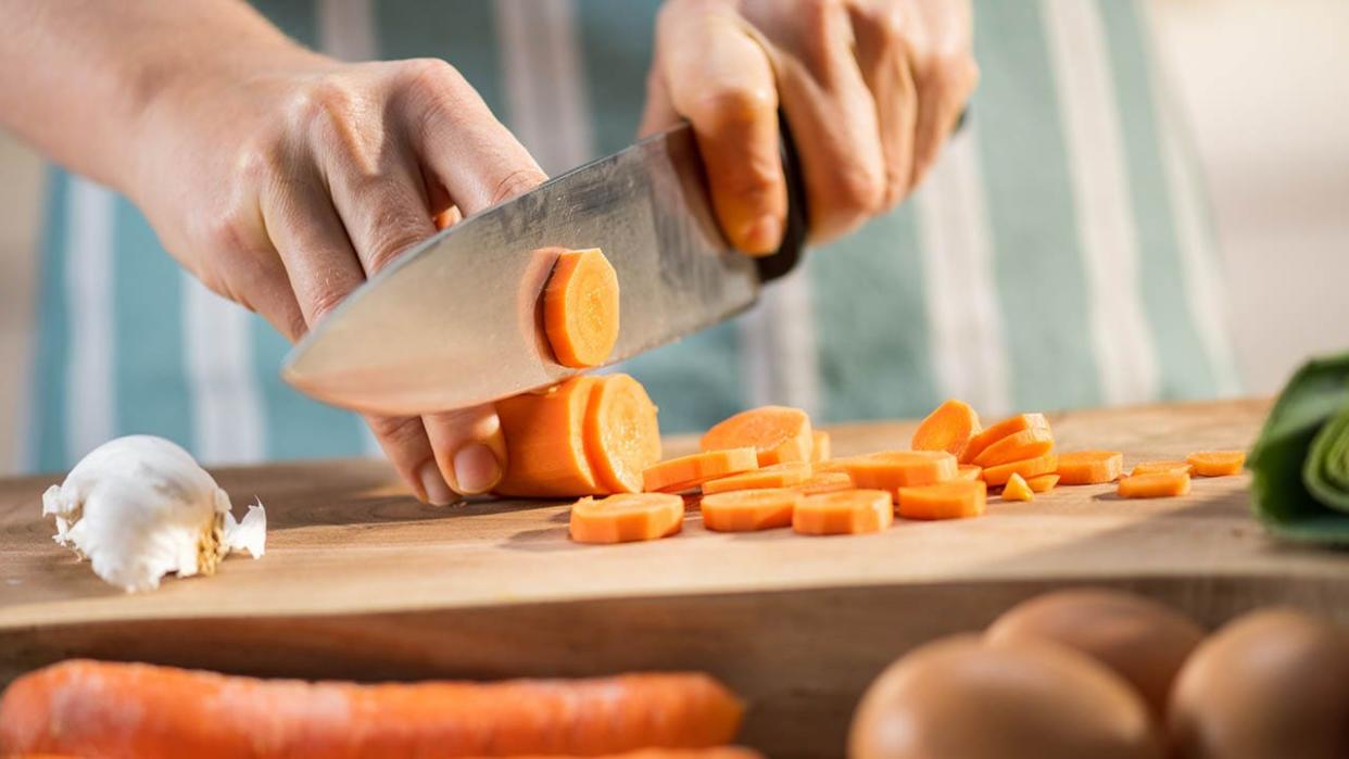 cutting carrots for Passover brisket