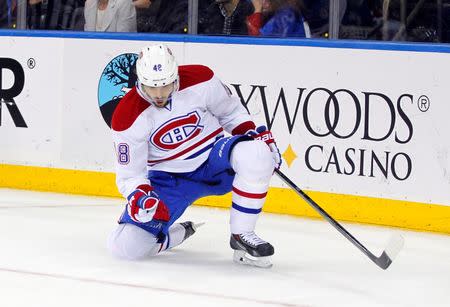 May 22, 2014; New York, NY, USA; Montreal Canadiens center Daniel Briere (48) celebrates after scoring a goal against the New York Rangers during the third period in game three of the Eastern Conference Final of the 2014 Stanley Cup Playoffs at Madison Square Garden. Andy Marlin-USA TODAY Sports