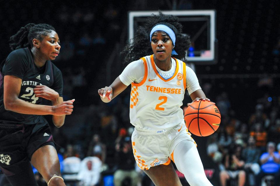 Tennessee forward Rickea Jackson (2) dribbles the ball during a NCAA game at Thompson-Boling Arena at Food City Center in Knoxville, Thursday, Feb. 29, 2024. The Lady Vols won 75-66 against Texas A&M.