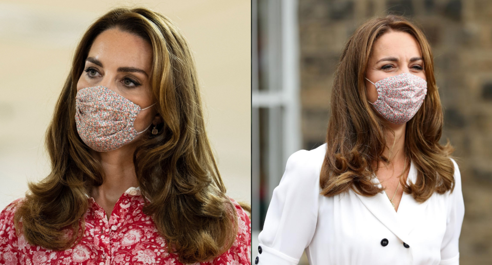 The Duchess of Cambridge seen wearing the floral face mask by Amaia Kids. (Getty Images)