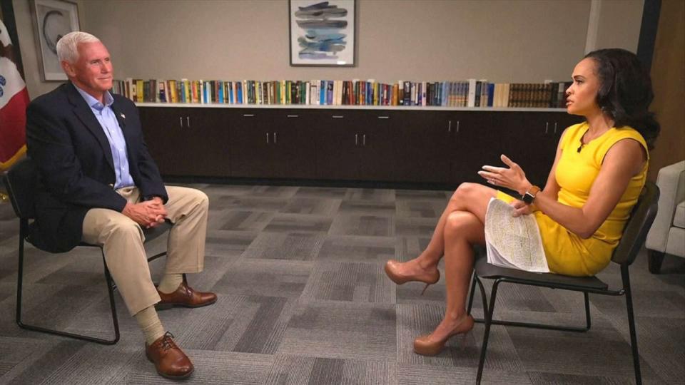 PHOTO: Republican U.S. presidential candidate and former Vice President Mike Pence speaks with ABC News during an interview with Linsey Davis, Aug. 12, 2023. (ABC News)