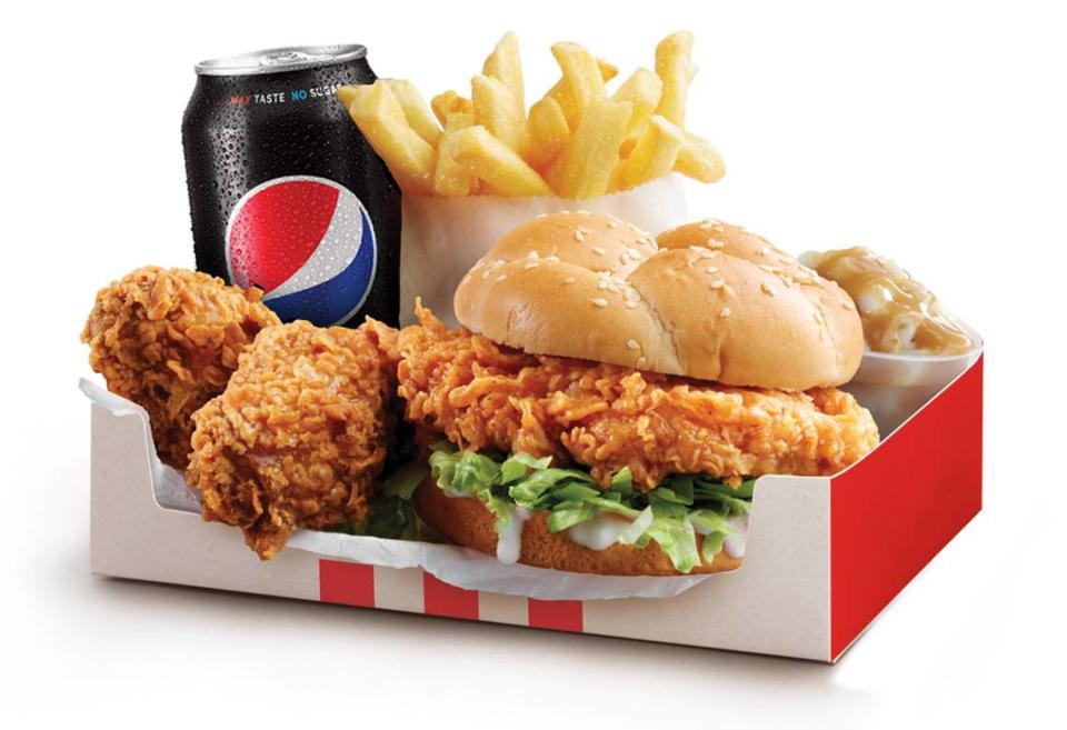 Calorie counts of boxed meals at fast-food restaurants can add up. The KFC Zinger Box is pictured here, but the three-piece chicken big box meal (extra-crispy version) with two breasts and one wing, french fries, coleslaw, a biscuit, and a Dr. Pepper, sweet tea or Starry soda adds up to 2,000 calories.