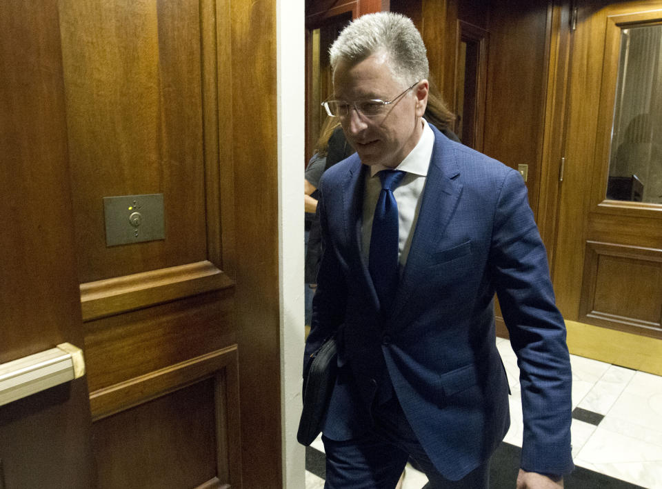 Kurt Volker, a former special envoy to Ukraine, is leaving after a closed-door interview with House investigators as House Democrats proceed with the impeachment investigation of President Donald Trump, at the Capitol in Washington, Thursday, Oct. 3, 2019. (AP Photo/Jose Luis Magana)