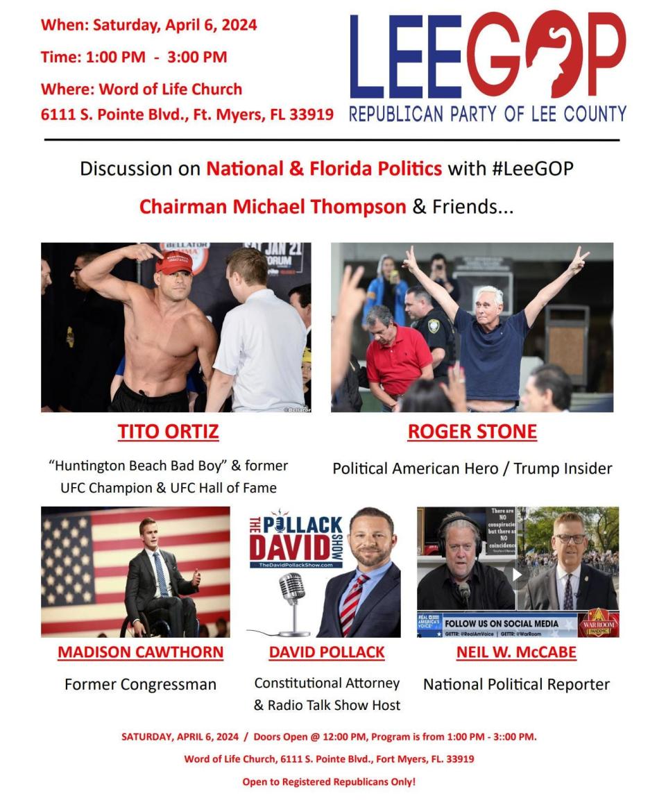 Flyer from a planned political discussion hosted by Lee County GOP party that will feature UFC Fighter Tito Ortiz, Political Lightning Rod Roger Stone, and Former Congressman Madison Cawthorn.