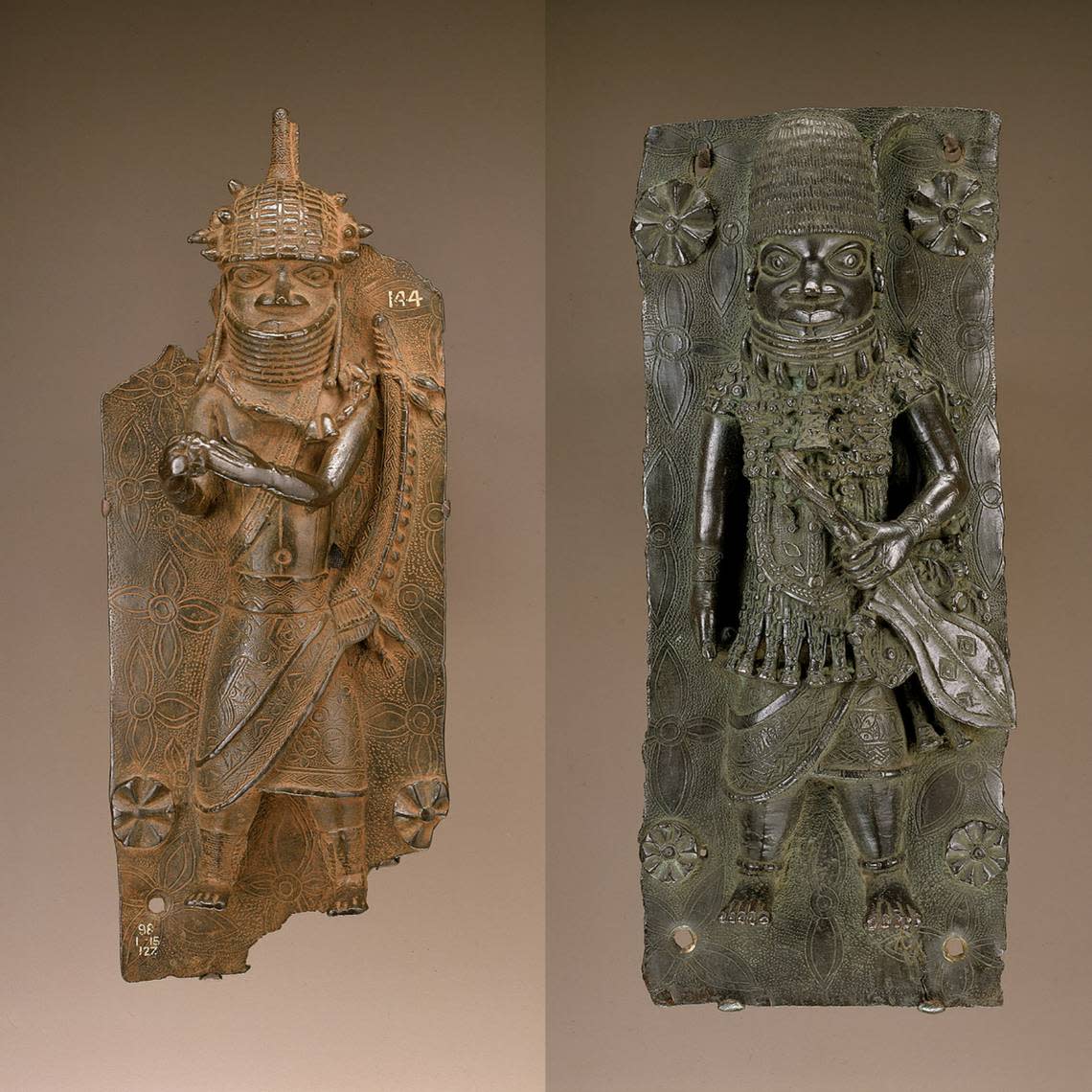 Left: Figure with a rattle, a net-covered spear, and outstretched hands. Right: A man holding a ceremonial sword point-down and wearing a leopard-face tunic and leopard collar.