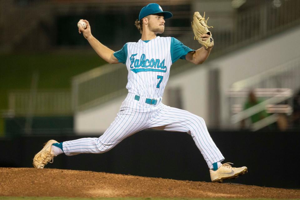 Jensen Beach's Kyle Derrenbacker (7) pitches during the second inning of the FHSAA baseball Class 4A state championship between Island Coast High School (Cape Coral) and Jensen Beach High School, Tuesday, May 24, 2022, at Hammond Stadium in Fort Myers, Fla.Island Coast defeated Jensen Beach 8-7 in eight innings.