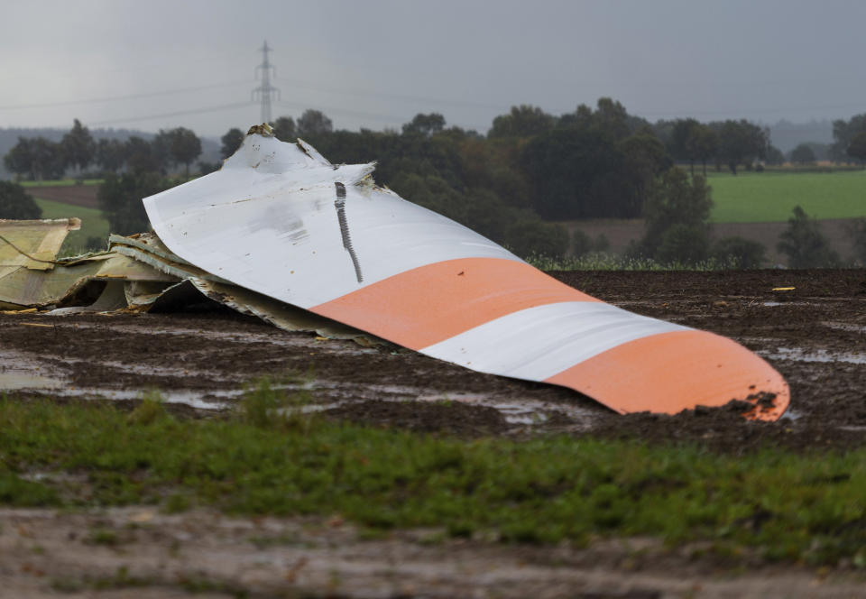 A piece of a wind energy station has crashed down due to heavy storm in Wriedel, Germany, Monday, Sept.30, 2019. (Philipp Schulze/dpa via AP)