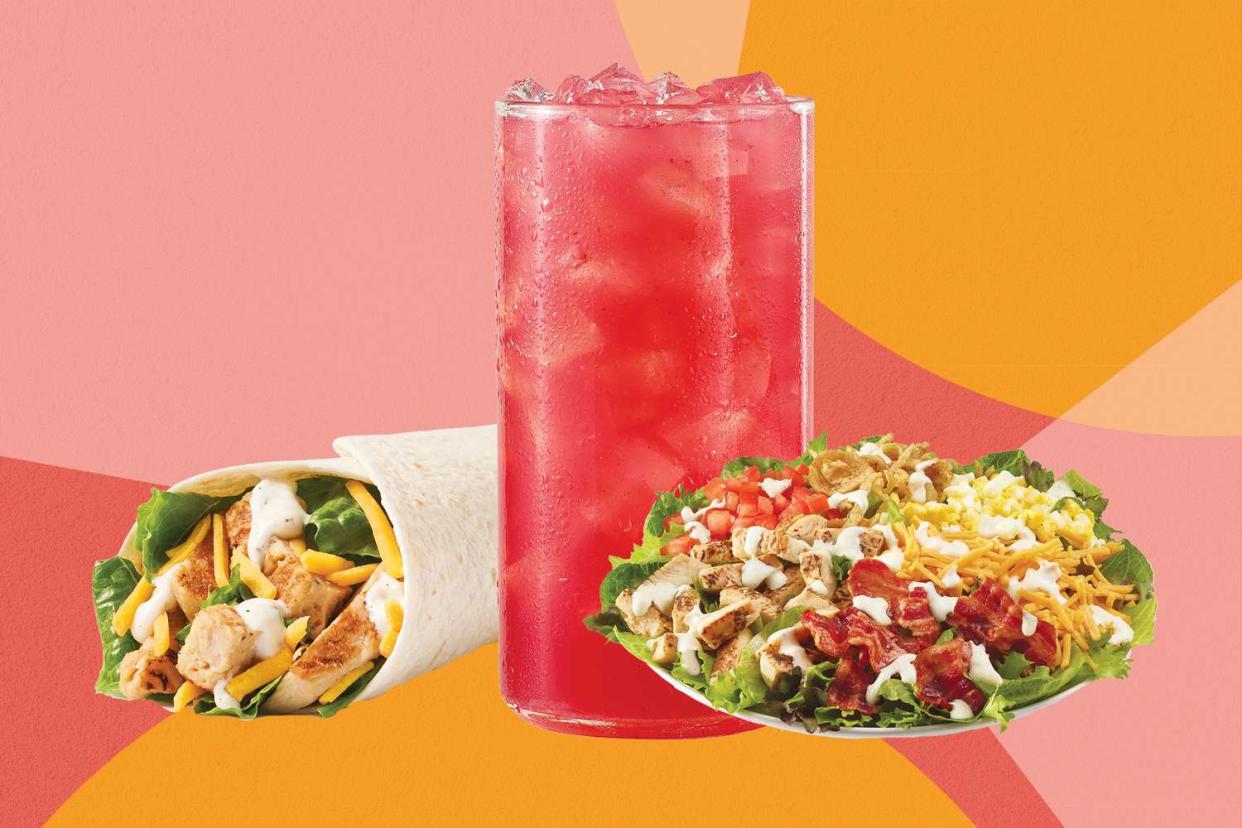 a photo of the brand new Wendy's items including the Blueberry Pomegranate Lemonade, Grilled Chicken Ranch Wrap, and Grilled Chicken Cobb Salad
