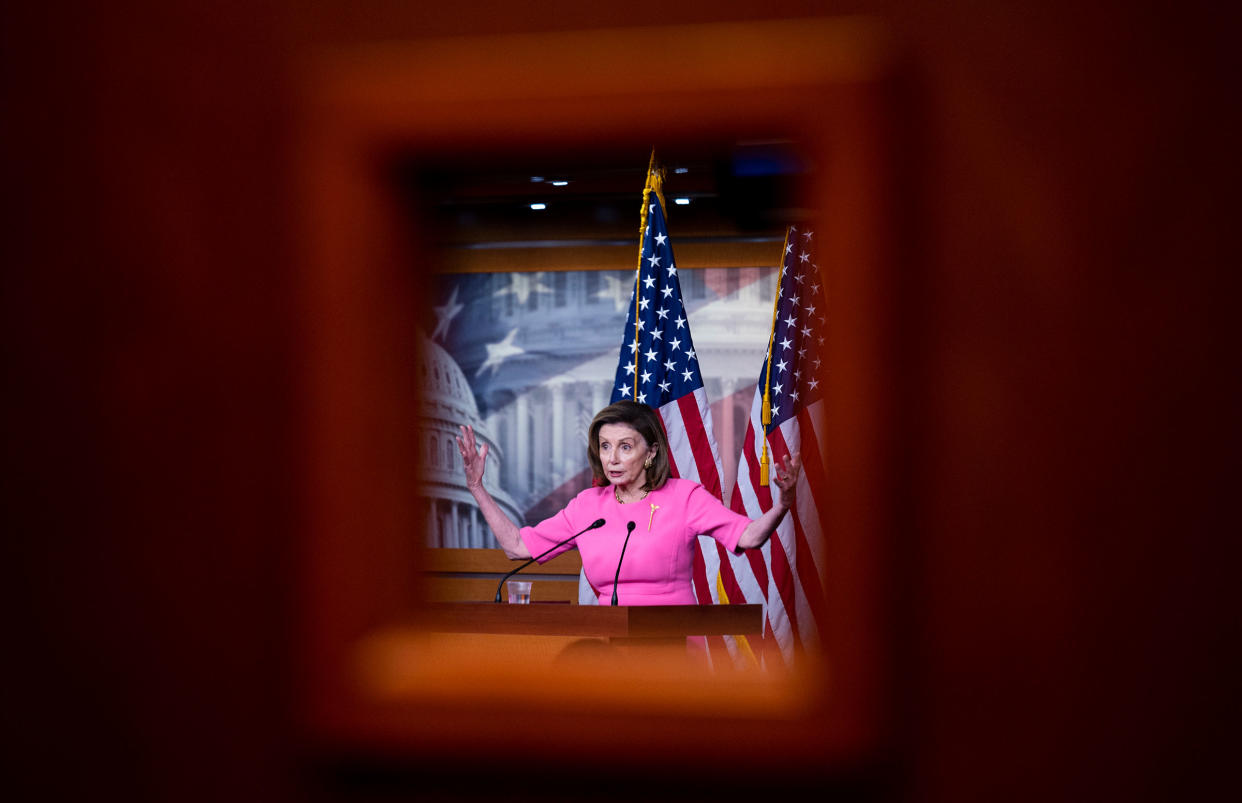 Speaker of the House Nancy Pelosi holds her weekly news conference in the Capitol on Sept. 23, 2021.