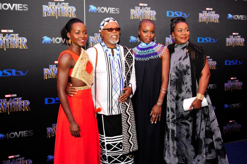 Lupita Nyong'o, John Kani, Danai Gurira, and Connie Chiume are photographed at the premiere of "Black Panther"