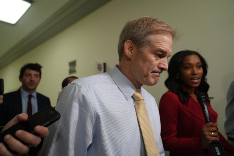 U.S. Rep. Jim Jordan, R-Ohio, talks to reporters as he walks in the U.S. Capitol on October 10, 2023 in Washington, DC.