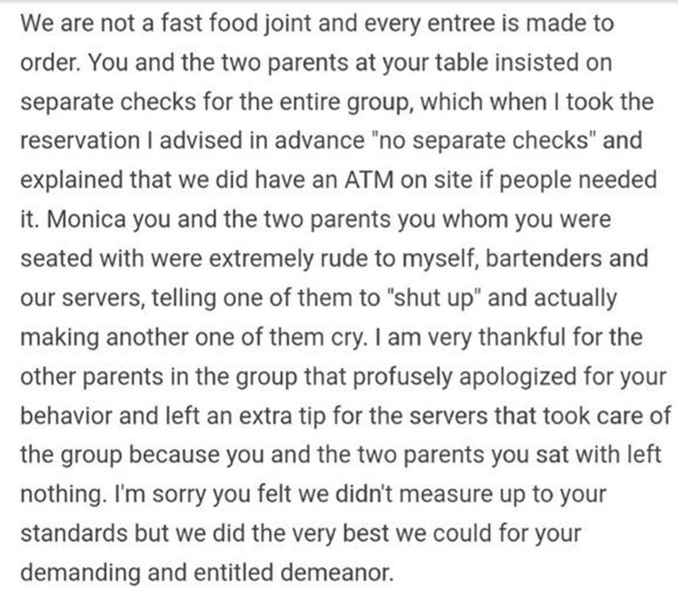 According to the owner, the woman named Monica and two other parents were “extremely rude” and made a staff member cry. Source: Imgur