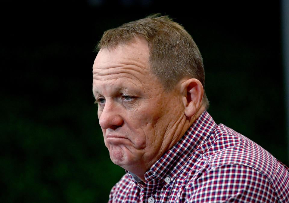 Coach Kevin Walters (pictured) looks dejected as he speaks at a press conference after the round 15 NRL match between the Brisbane Broncos and the South Sydney Rabbitohs at Suncorp Stadium, on June 17, 2021, in Brisbane, Australia.