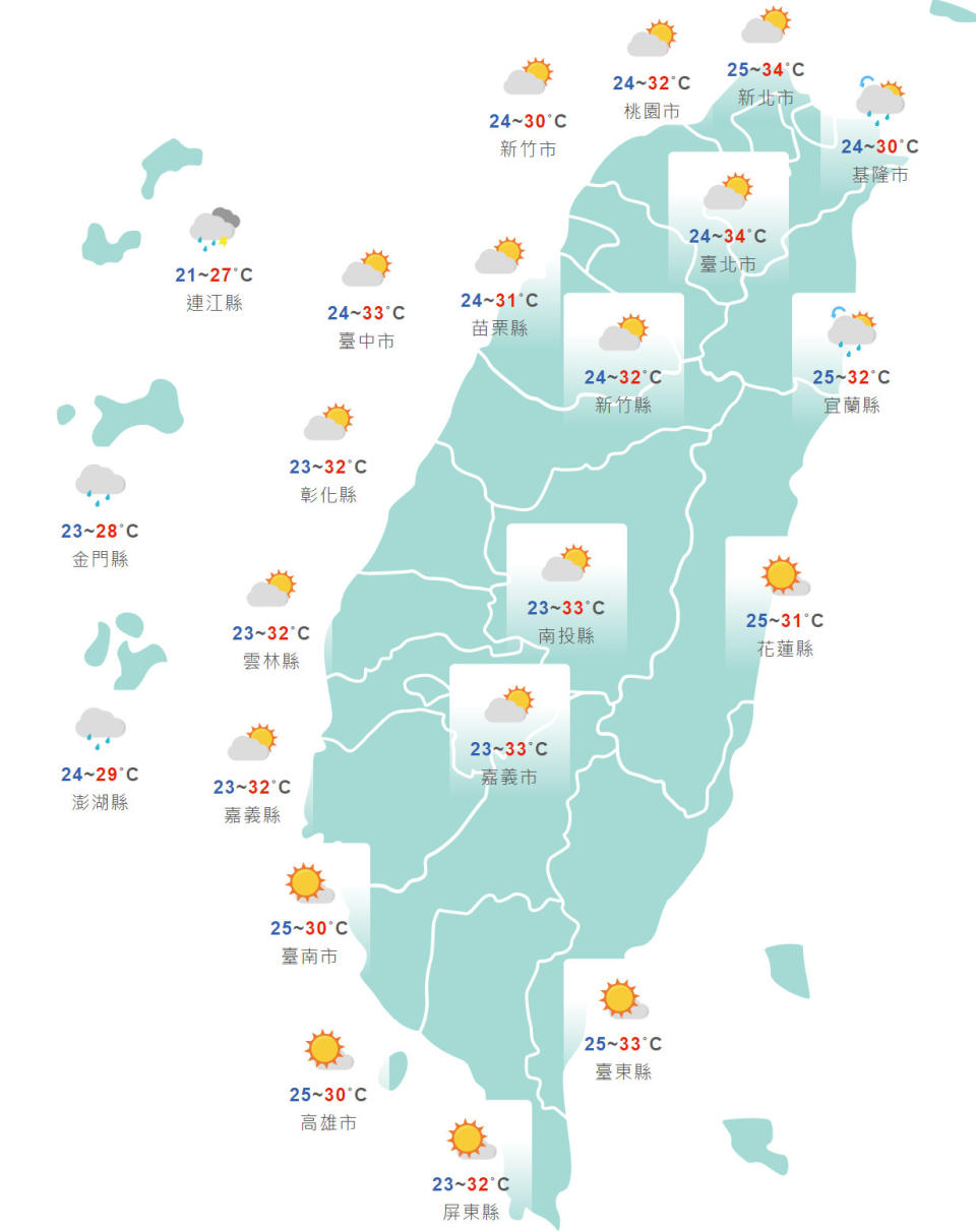 全台今日天氣預測。（圖片來源：中央氣象局，下同）