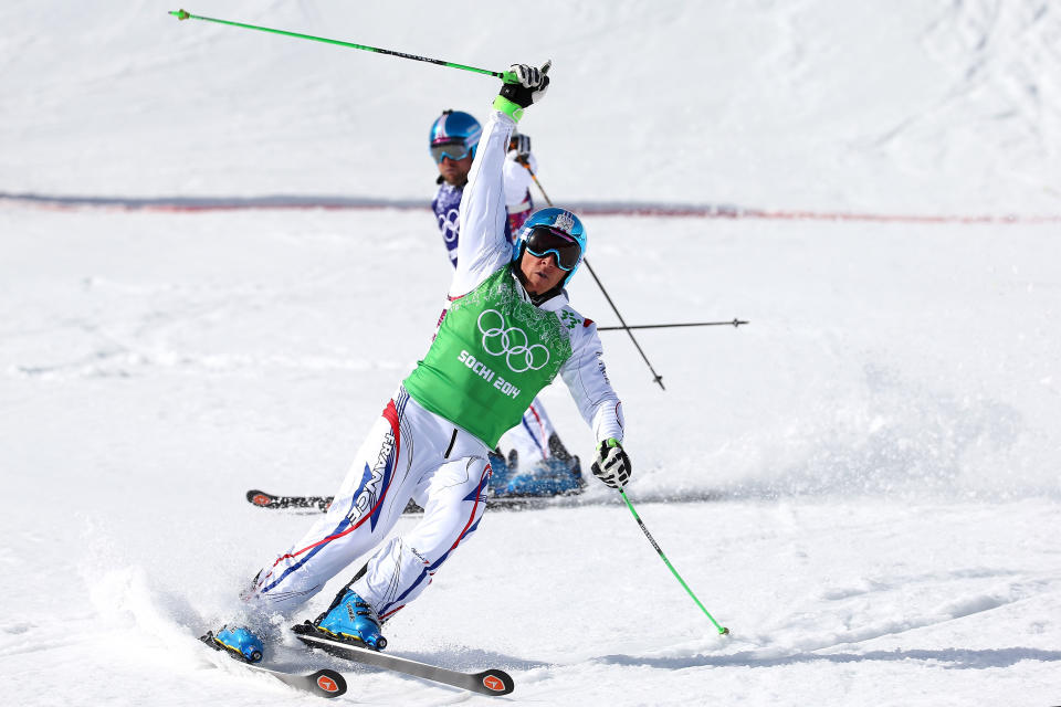 SOCHI, RUSSIA - FEBRUARY 20:  Jean Frederic Chapuis of France celebrates winning the gold medal during the Freestyle Skiing Men's Ski Cross Big Final on day 13 of the 2014 Sochi Winter Olympic at Rosa Khutor Extreme Park on February 20, 2014 in Sochi, Russia.  (Photo by Streeter Lecka/Getty Images)